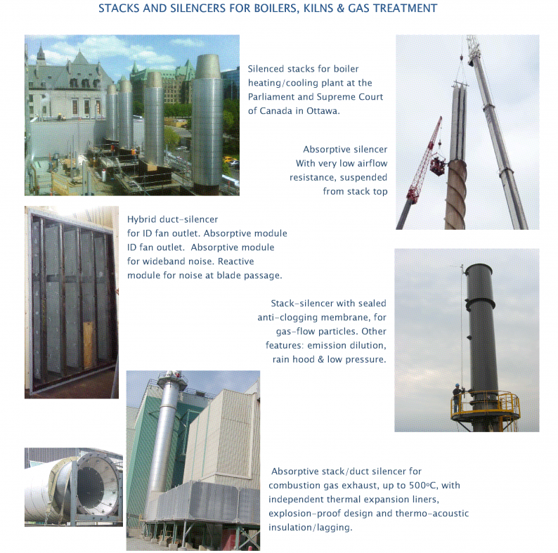 C brochure page 1 showing stacks and silencer applications